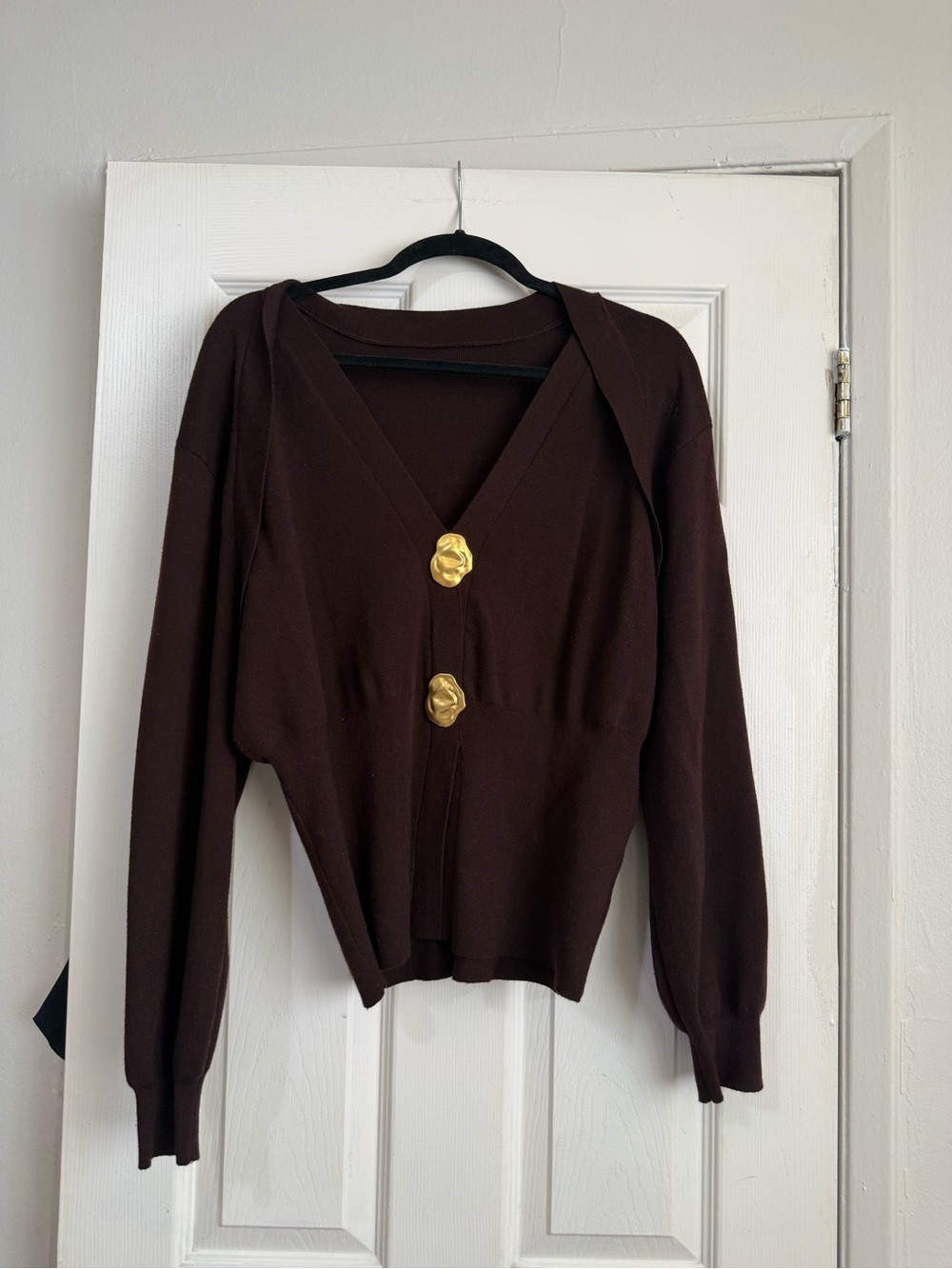 Commense Chocolate Brown V-Neck Sweater Cardigan with Gold Buttons